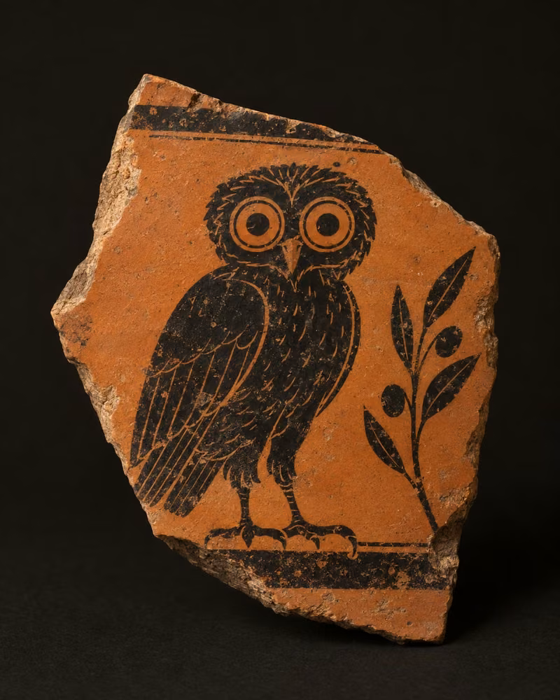 Coruja de Atena pintada em cerâmica grega de figuras negras