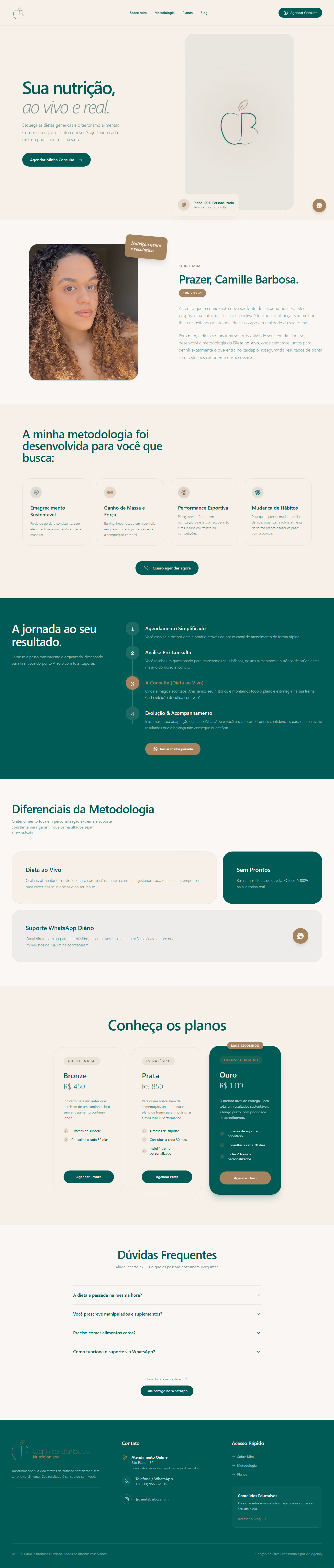 Página inteira do site site para nutricionista Camille Barbosa, criado pela A2
