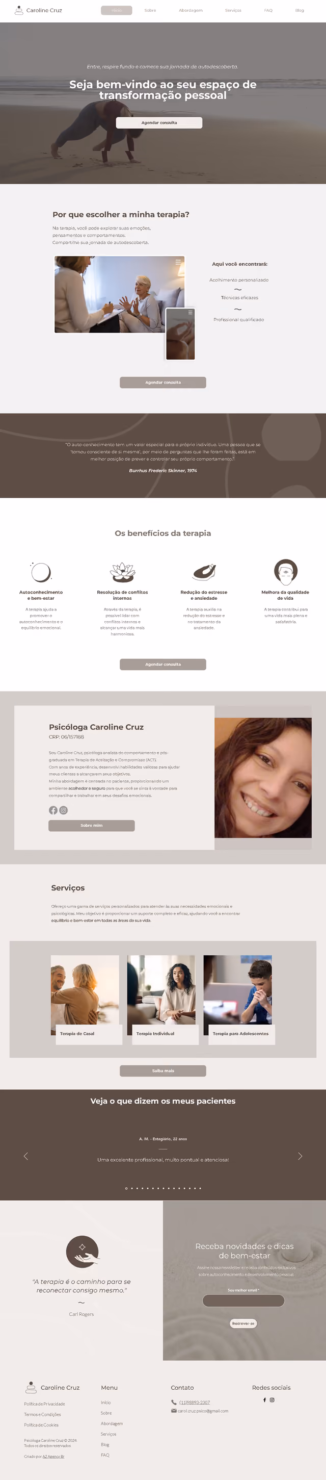 Página inteira do site site para psicólogo Caroline Cruz, criado pela A2