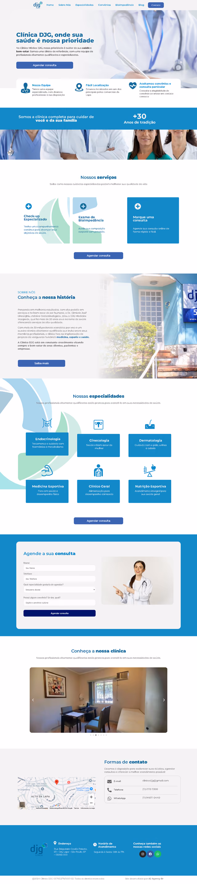 Página inteira do site site para clínica Clínica DJG, criado pela A2