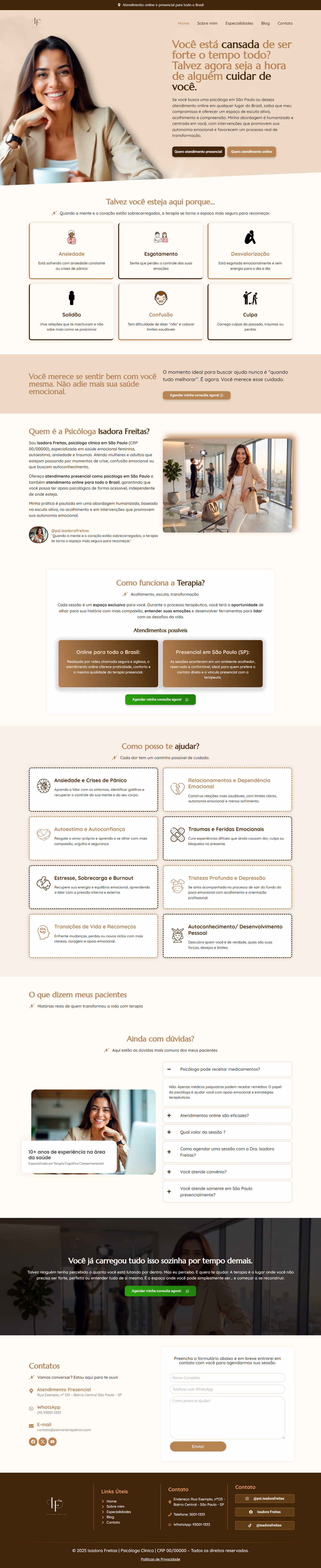 Página inteira do site site para psicólogo Isadora Freitas, criado pela A2