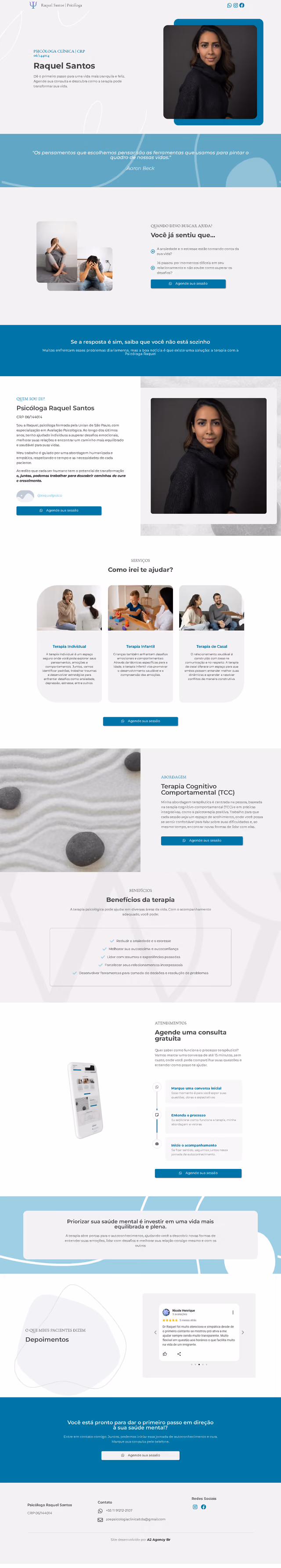 Página inteira do site site para psicólogo Raquel Santos 1.0, criado pela A2