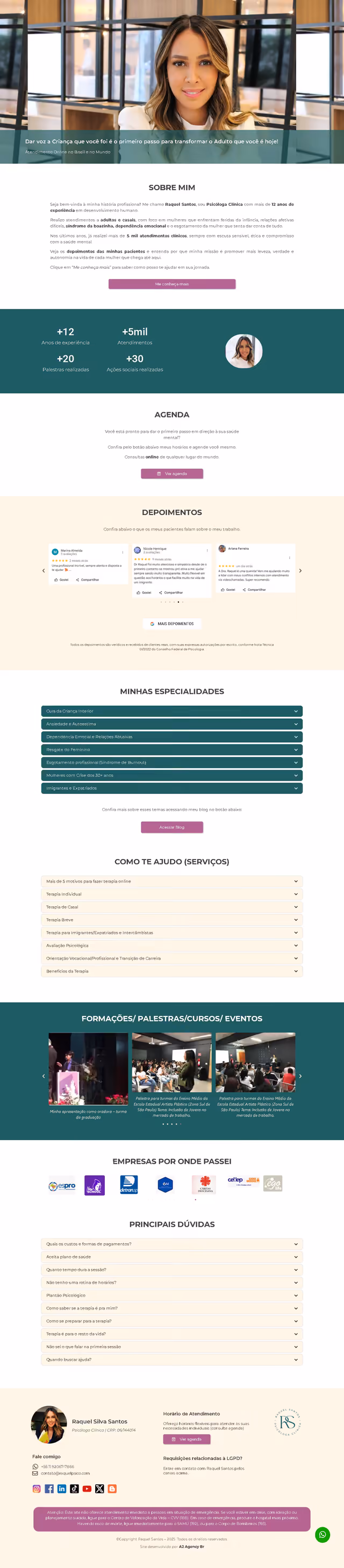 Página inteira do site site para psicólogo Raquel Santos 2.0, criado pela A2