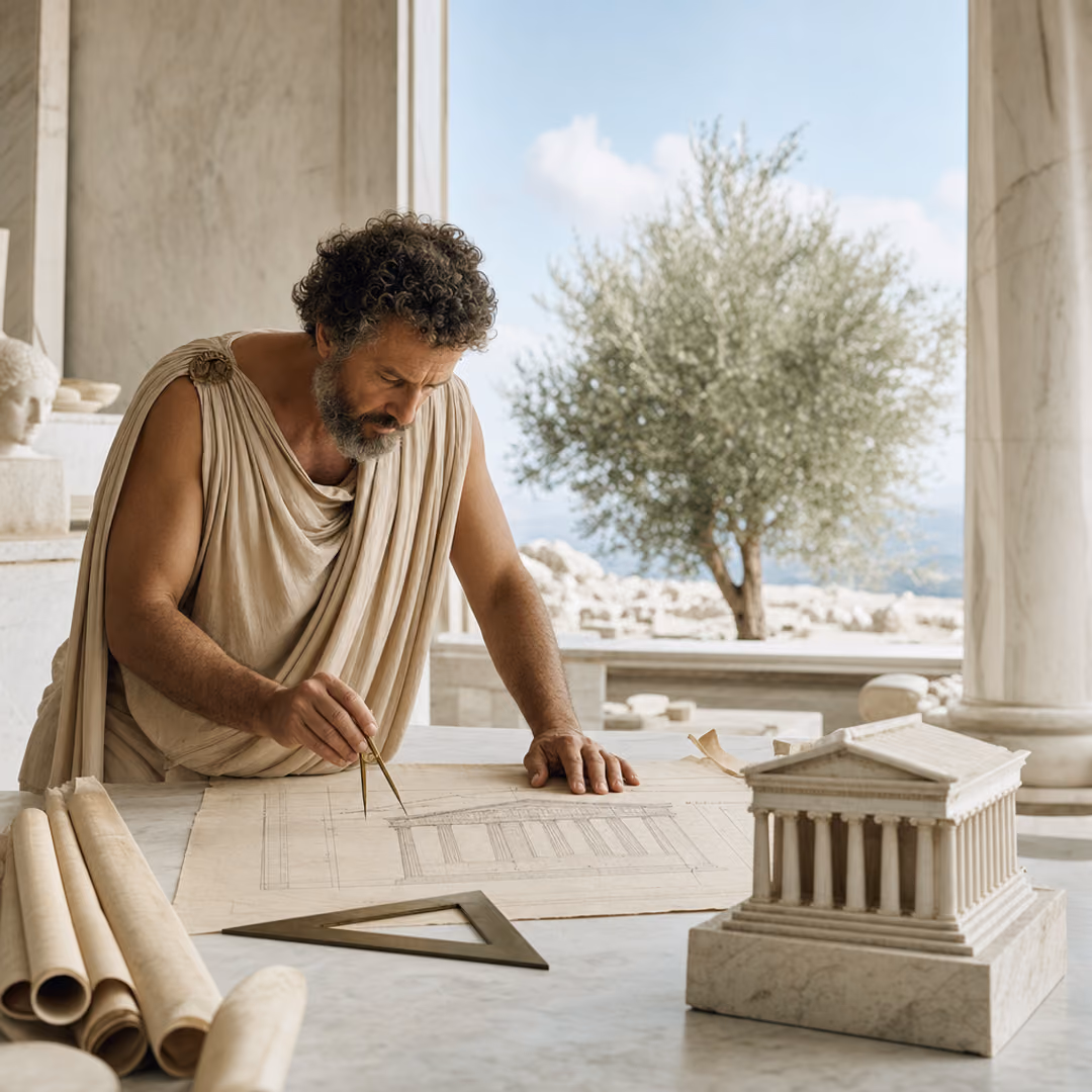 Arquiteto grego estudando a planta de um templo sobre uma mesa de mármore