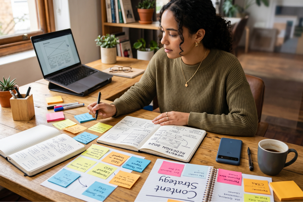 Profissional organizando ideias e planejamento de conteúdo SEO em mesa de trabalho