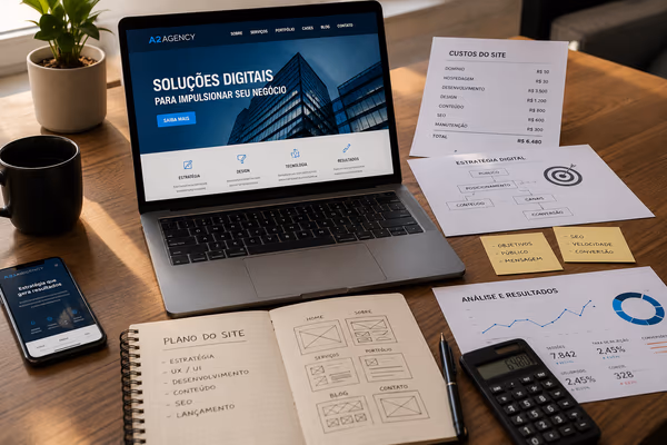 Mesa com laptop e materiais de planejamento de quanto custa um site

